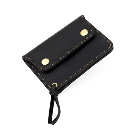Black Vintage Handmade Crazy Horse Leather Wallet - Compact Card Holder & Zippered Coin Purse with Snap Closure