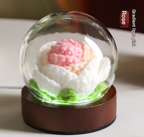 Gradient Light Pink Rose Knitted Flower LED Dome (Color Night Light)