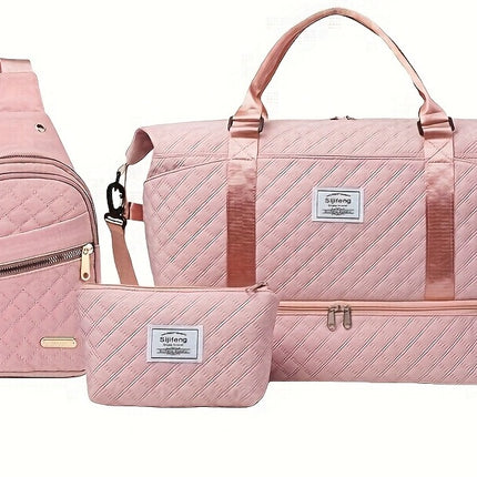 Pink Stylish 3-Piece Quilted Travel Bag Set - Weekender Duffel with Shoe Compartment, Sling Bag & Cosmetic Pouch