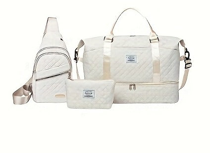 Beige Stylish 3-Piece Quilted Travel Bag Set