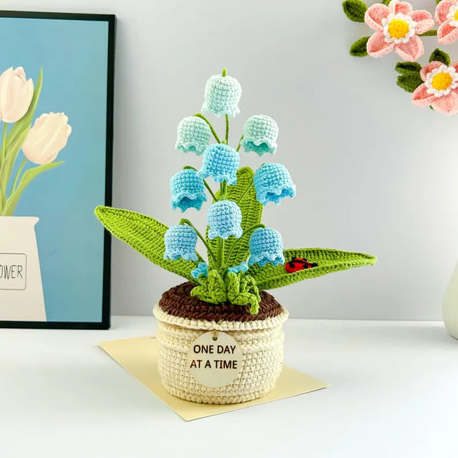 Blue Handmade Crochet Lily of the Valley Potted Plant