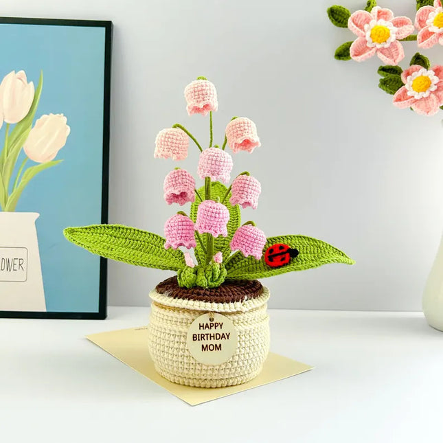 Pink Handmade Crochet Lily of the Valley Potted Plant