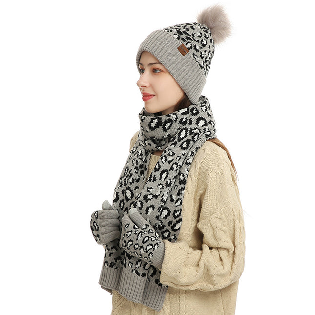 Grey Women's Leopard Print Winter Warm Knit Set