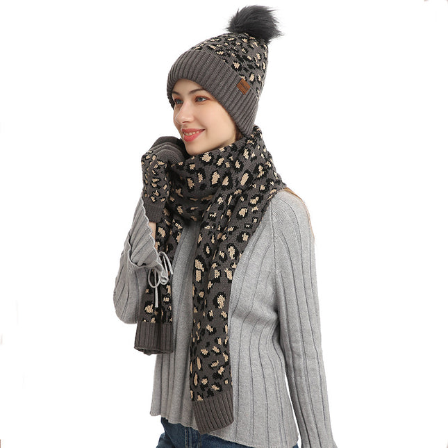 Dark Grey Women's Leopard Print Winter Warm Knit Set