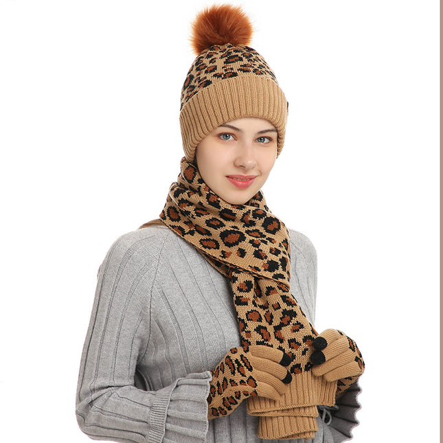 Khaki Women's Leopard Print Winter Warm Knit Set