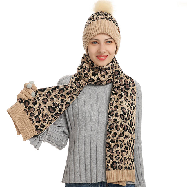 Beige Women's Leopard Print Winter Warm Knit Set