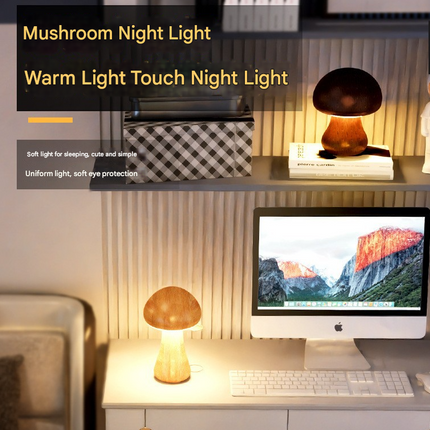 Dark Brown Solid Wood Mushroom LED Table Lamp - Rechargeable Touch Control Bedside Night Light (Large)