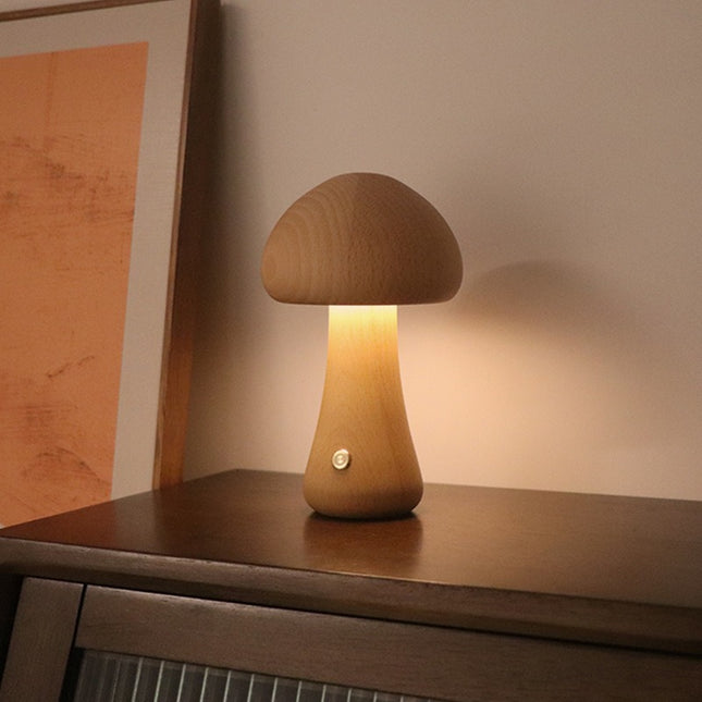 Brown Solid Wood Mushroom LED Table Lamp