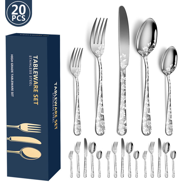 Silver Elegant 20-Piece Stainless Steel Cutlery Set with Floral Design