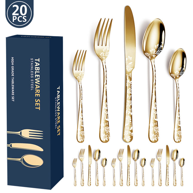 Gold Elegant 20-Piece Stainless Steel Cutlery Set with Floral Design