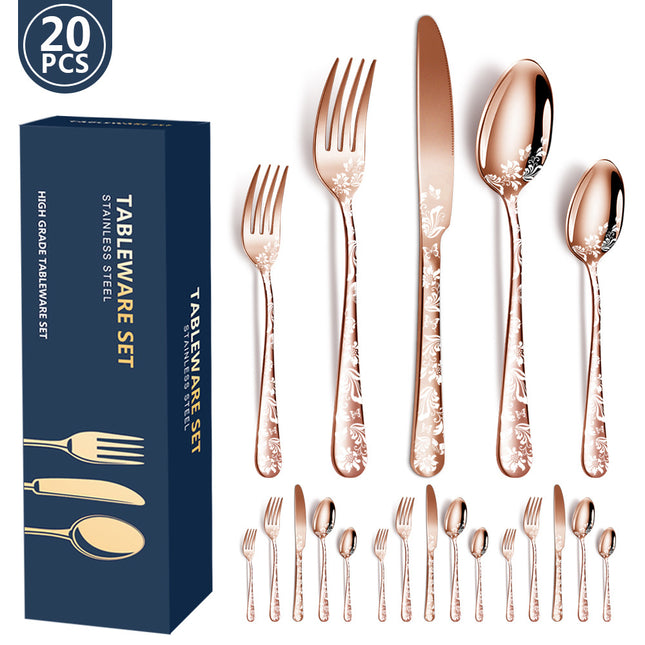 Rose Gold Elegant 20-Piece Stainless Steel Cutlery Set with Floral Design