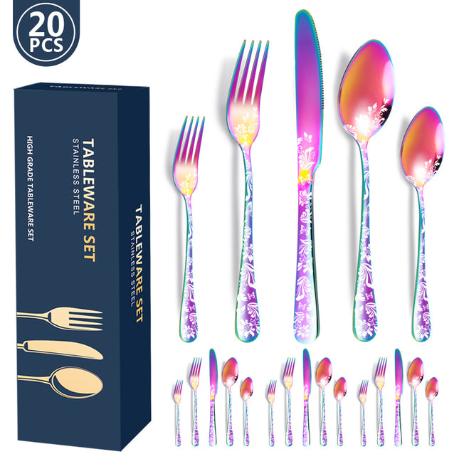 Multicolor Elegant 20-Piece Stainless Steel Cutlery Set with Floral Design