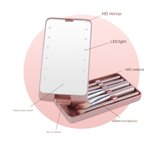 Black LED Lighted Makeup Mirror with 5-Piece Cosmetic Brush Set and Dustproof Storage Case – product detail