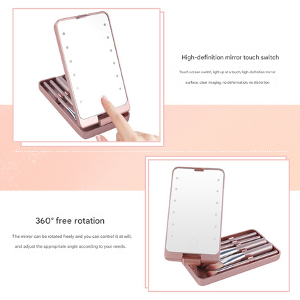 Black LED Lighted Makeup Mirror with 5-Piece Cosmetic Brush Set and Dustproof Storage Case