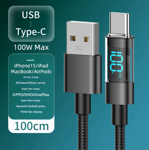 1 Meter USB To Type-C 4-Piece Set 1m 100W Super Fast Charge Transparent Aluminum Shell Digital Display Data