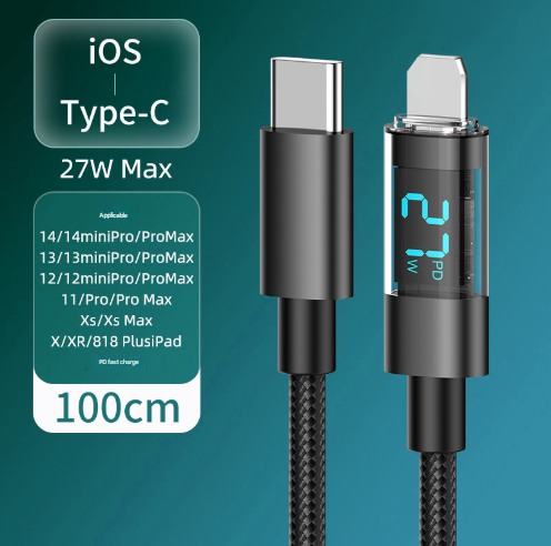 1 Meter IOS To Type-C 4-Piece Set 1m 100W Super Fast Charge Transparent Aluminum Shell Digital Display Data