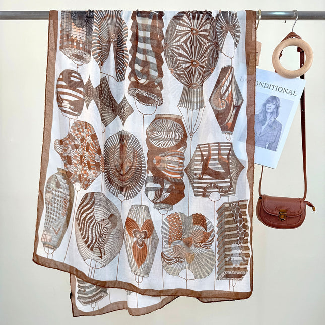 2-Piece Brown Border Retro Lantern Print Scarf