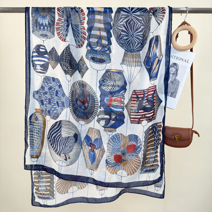 2-Piece Blue Border Retro Lantern Print Scarf - Fashionable Niche Design for Women