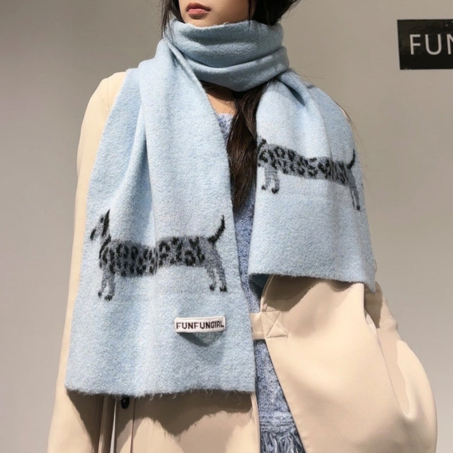 Blue Cute Korean-Style Wool Scarf with Dog Design