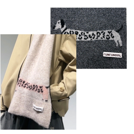 Blue Cute Korean-Style Wool Scarf with Dog Design - Unisex Knitted Winter Neck Wrap
