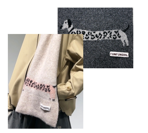 Blue Cute Korean-Style Wool Scarf with Dog Design – product detail