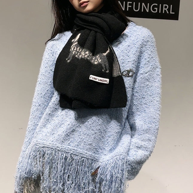 Black Cute Korean-Style Wool Scarf with Dog Design