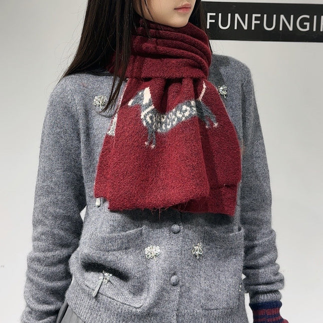 Red Cute Korean-Style Wool Scarf with Dog Design
