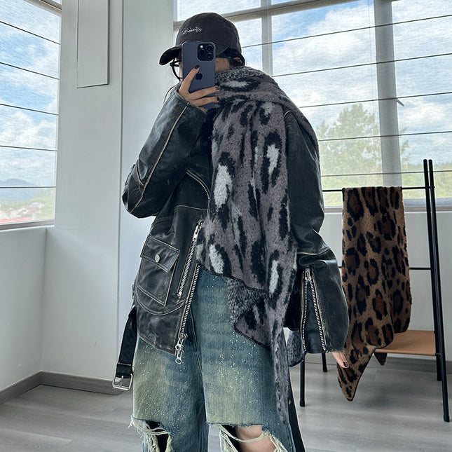 Grey Leopard Luxurious Thick Faux Cashmere Knitted Shawl – product detail