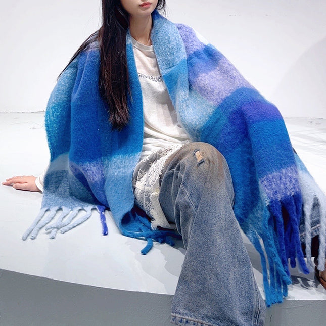 Blue Classic Plaid Faux Cashmere Winter Scarf