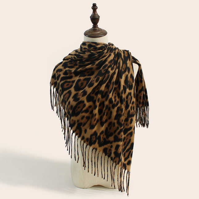 2-Piece Brown Leopard Elegant Faux Cashmere Shawl