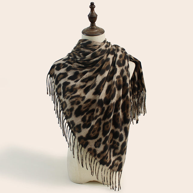 2-Piece Light Brown Leopard Elegant Faux Cashmere Shawl