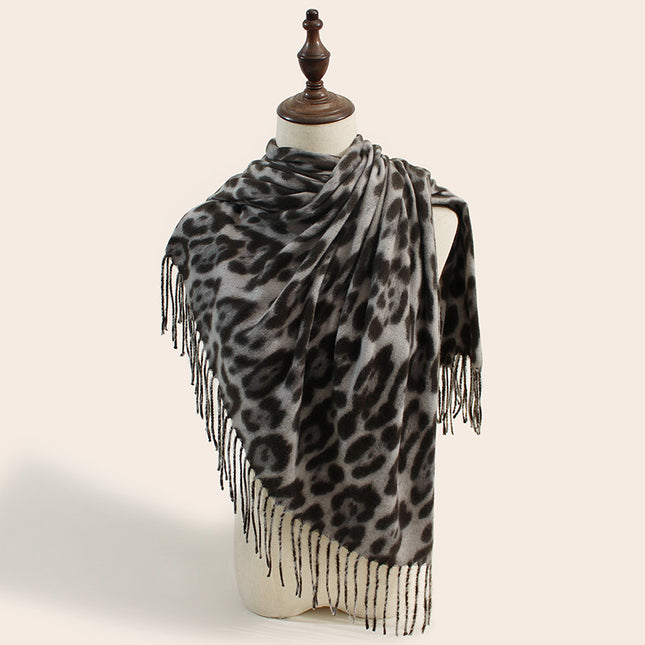 2-Piece Grey Leopard Elegant Faux Cashmere Shawl