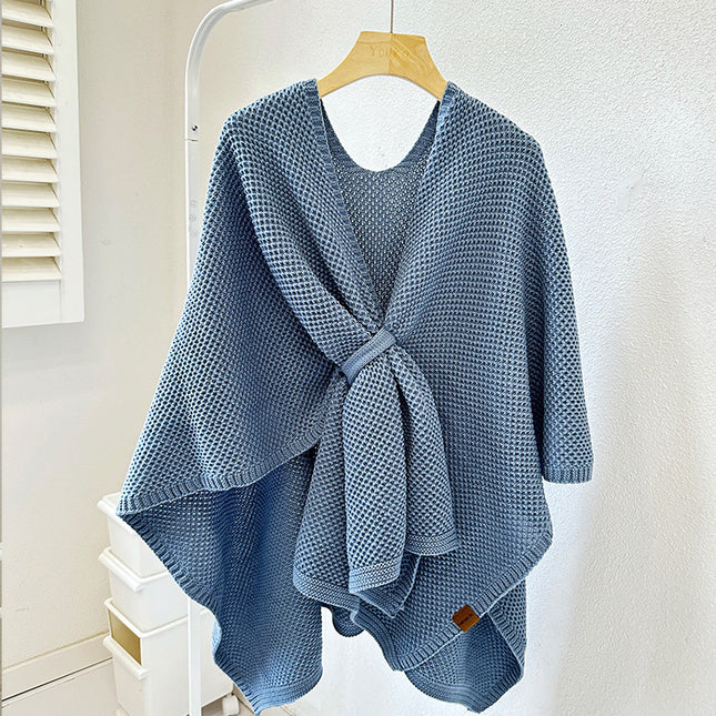 Blue Luxurious Faux Cashmere Knitted Cape