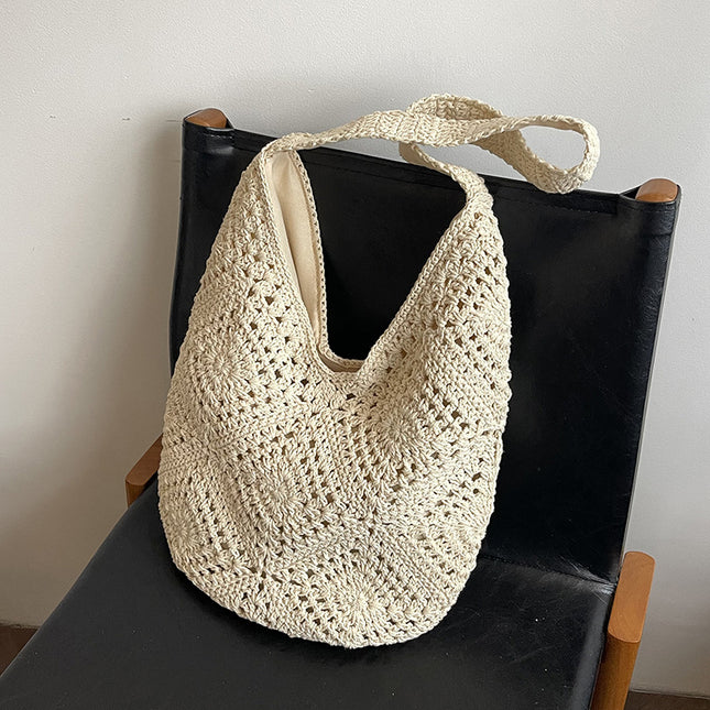 Beige Flower-Patterned Cotton Crochet Tote Bag