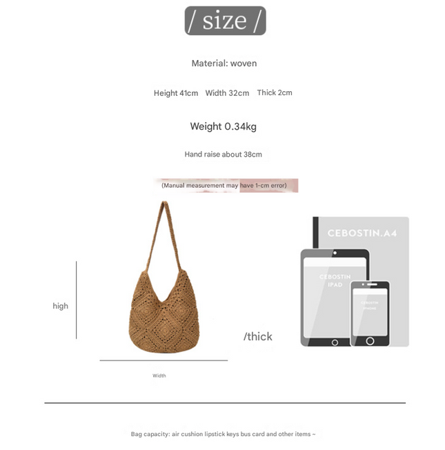 Beige Flower-Patterned Cotton Crochet Tote Bag – product detail