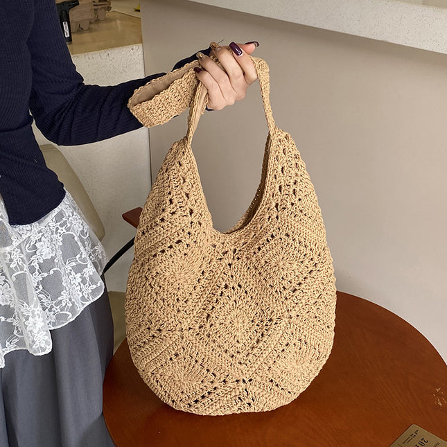 Khaki Flower-Patterned Cotton Crochet Tote Bag