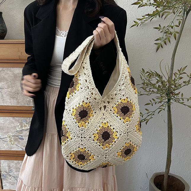 Yellow Flower-Patterned Cotton Crochet Tote Bag