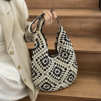 Black-white Flower-Patterned Cotton Crochet Tote Bag - Beach and Commute Essential