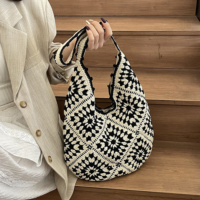 Black-white Flower-Patterned Cotton Crochet Tote Bag