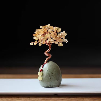 Yellow Crystal Natural Crystal Wealth Tree - 12cm Feng Shui Decor, Elegant Office Desk Ornament