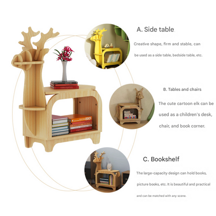 Blue Small Creative Reindeer-Shaped Solid Wood Bookshelf for Kids