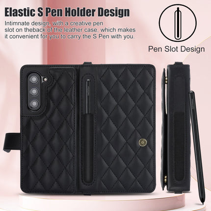 Rose Gold Galaxy Z Fold4 Multi-Functional Leather Wallet Case for Samsung Z Fold Series - Crossbody with Pen Slot, Quilted Design Pen Not Included