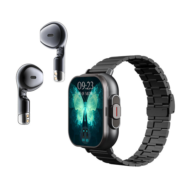Black Steel 2-in-1 Bluetooth Smartwatch with Integrated Earbuds for Sports V888-ELOSUNG28584