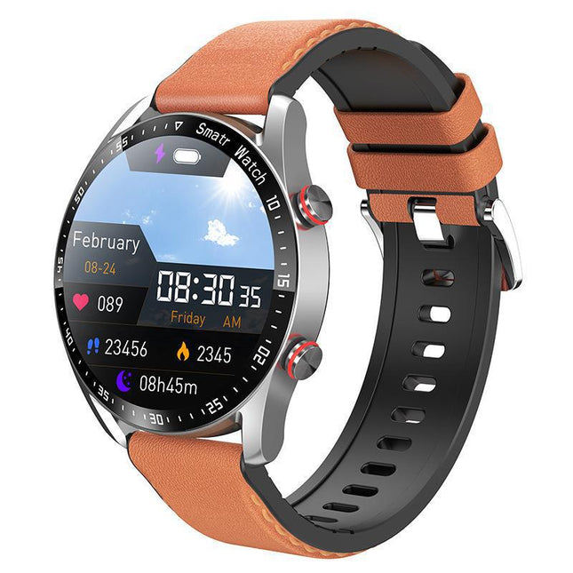 Silver Silicone Plus 22MM Brown Mitsubishi Steel Strip Business Smartwatch with ECG and PPG Monitoring and