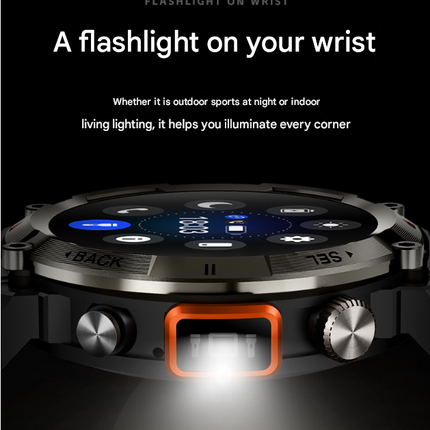 Black-orange Outdoor Smartwatch with 1.45-Inch HD Round Screen and Flashlight