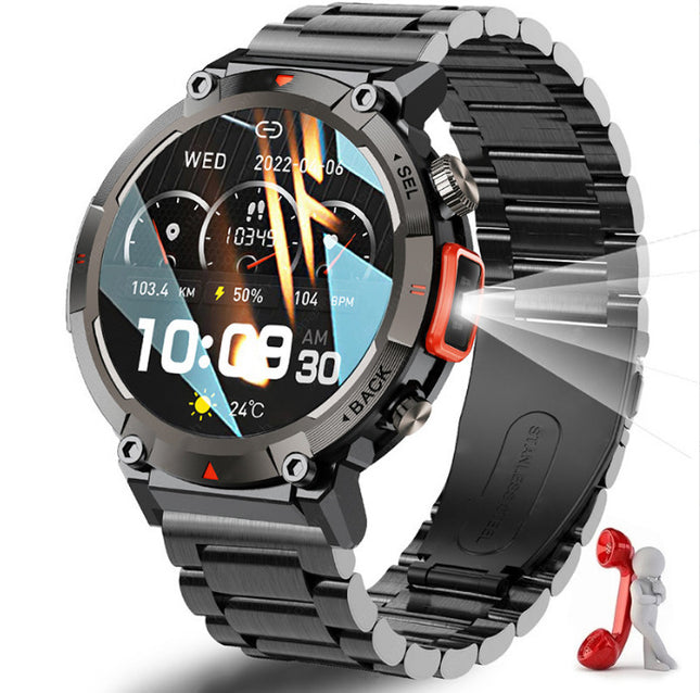 Black-red Steel Belts Outdoor Smartwatch with 1.45-Inch HD Round Screen and Flashlight V888-ELOSUNG28597