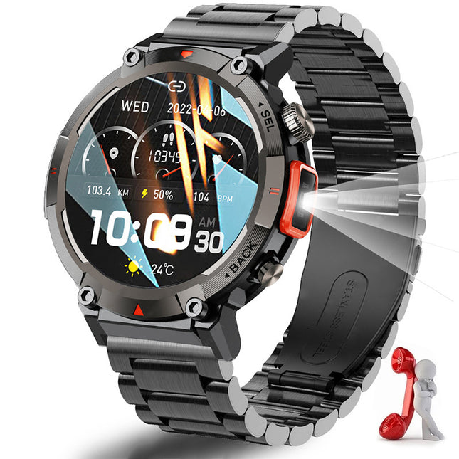 Black Steel Belts Outdoor Smartwatch with 1.45-Inch HD Round Screen and Flashlight – product detail