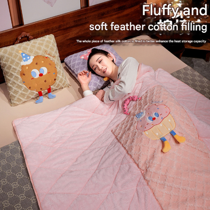 Brown Cartoon Cookie Pillow Blanket 2-in-1 for Winter Car and Office Use