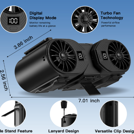 Black Portable Turbo Waist Fan with Digital Display and Dual Air Outlets