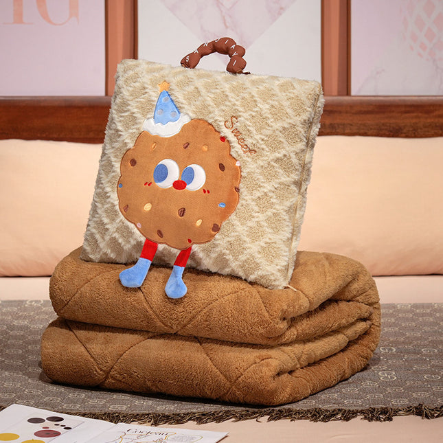 Khaki Thick Fleece Cartoon Cookie Pillow Blanket 2-in-1 for Winter Car and Office Use V888-ELOSUNG28649